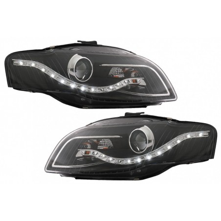 Priekiniai žibintai LED DRL DAYLIGHT tinka Audi A4 B7 (11.2004-03.2008) Juoda