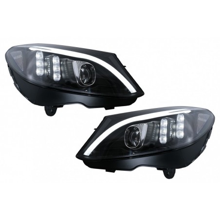 TRU LED DRL priekiniai žibintai tinka Mercedes C-Class W205 S205 A205 C205 (2014-2018) Juodi dinaminiai nuoseklūs posūkio žibint