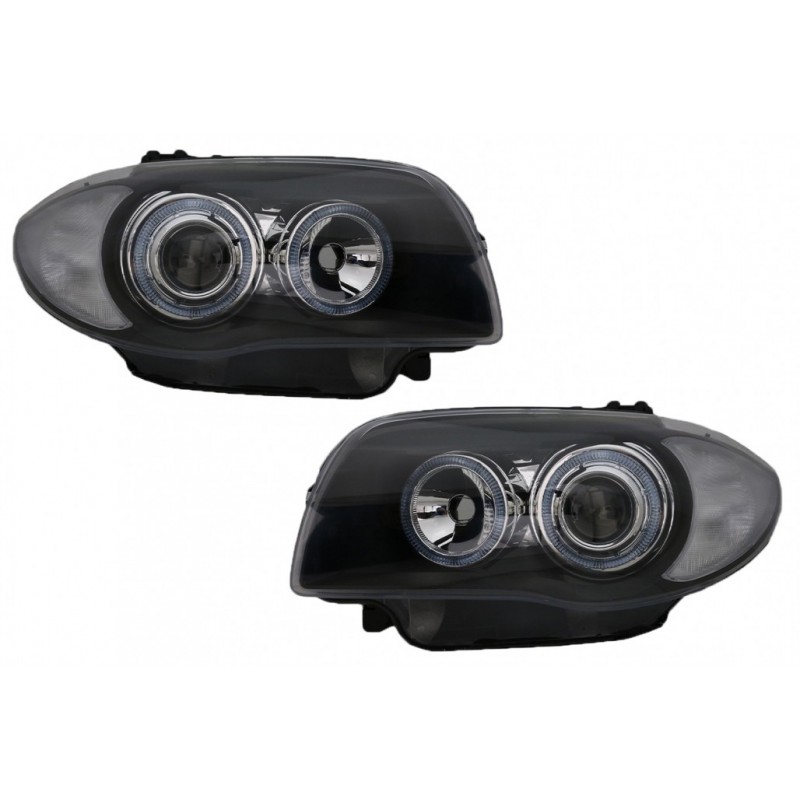 Priekiniai žibintai tinka BMW Seria 1 E81 E82 E87 E88 (2004-2011) Angel Eyes 2 Halo Ratlankiai Juodi
