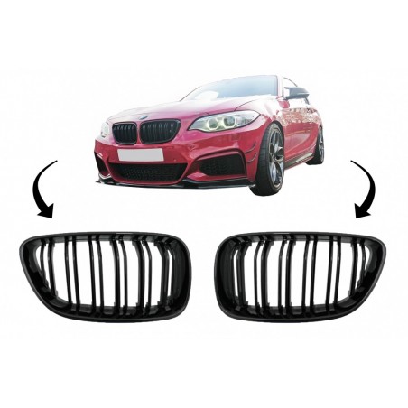 Central Kidney Grilles suitable for BMW 2 Series F22 F23 F87 (2014-up) Double Stripe M Design Piano Black