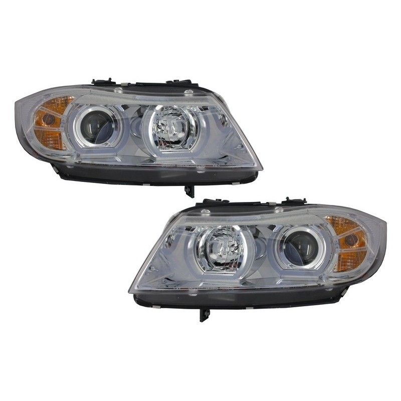Priekiniai žibintai 3D LED Angel Eyes tinka BMW E90 E91 (03.2005-08.2008) U-Type Chrome HID
