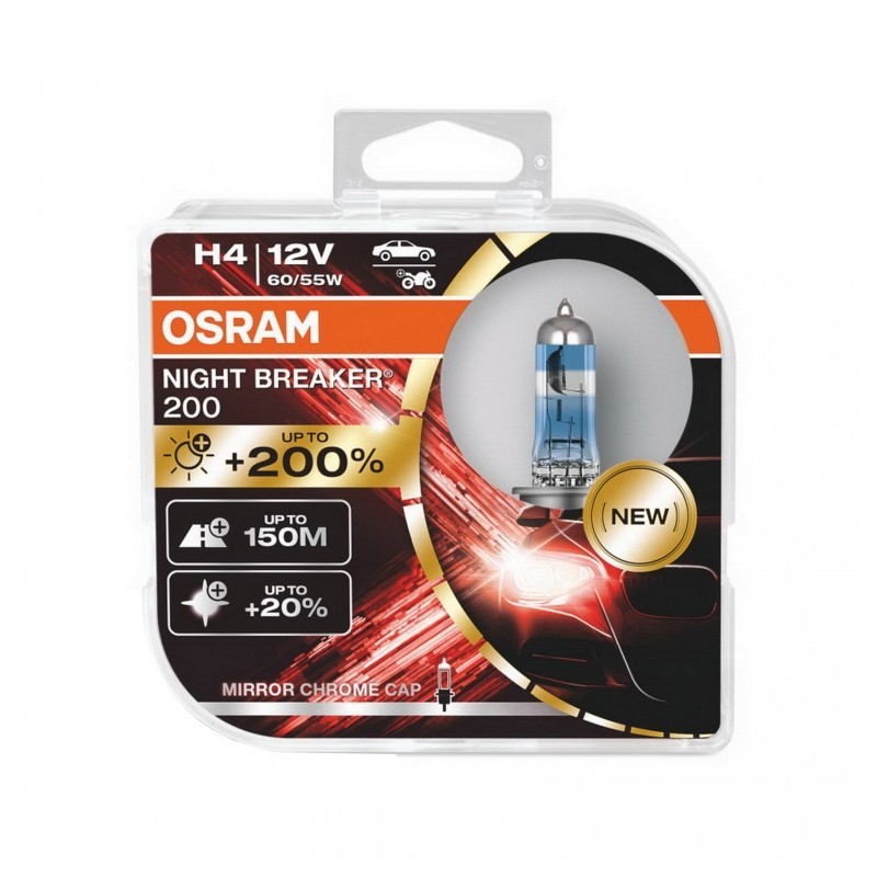 OSRAM NIGHT BREAKER 200 H4 Auto-Moto Halogeninis priekinis žibintas 64193NB200-HCB Hardcore Box